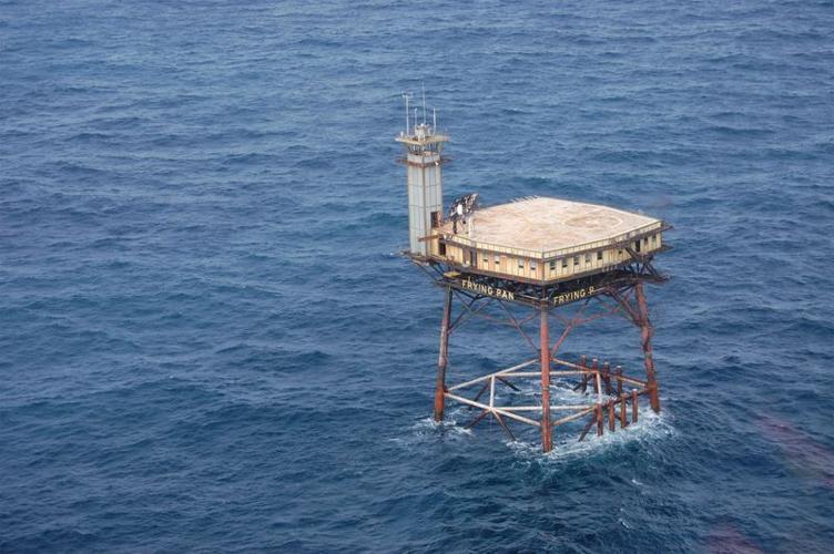 A view of Frying Pan Tower from a helicopter. Frying Pan Tower is located in international waters 34 miles from Southport and can be reached only by helicopter or boat.