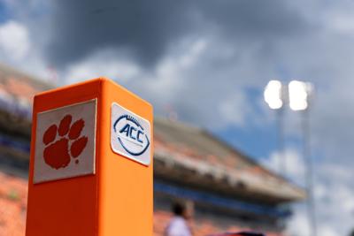Logos of the Clemson Tigers and the ACC Conference are shown on a pylon before the Charleston Southern Buccaneers take on the Clemson Tigers at Memorial Stadium on Sept. 9, 2023, in Clemson, South Carolina.