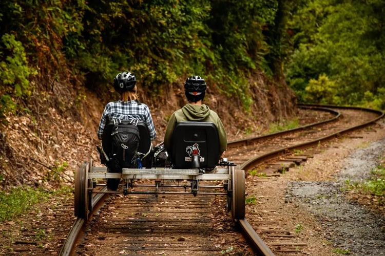 Passengers ride a rail bike through the redwoods of Mendocino County.
