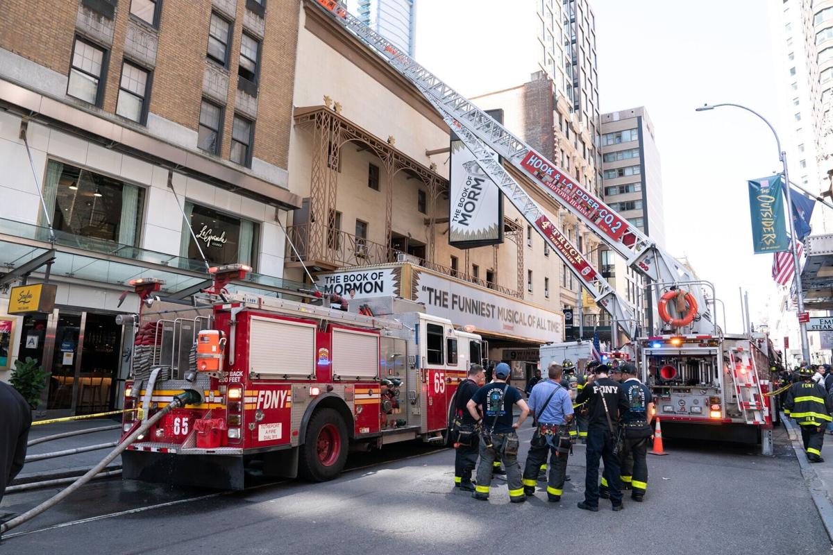 New York City firefighters respond to a fire in the Eugene O’ Neill Theatre, where "The Book of Mormon" performs, on Monday, May 4, 2026, in Manhattan, New York City.