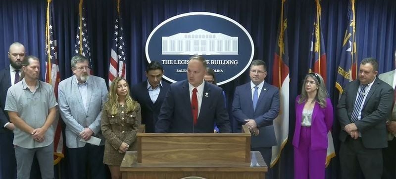 Rep. Allen Chesser (R) is joined by a bipartisan group of lawmakers and advocates at a June 16, 2026 press conference to support the research of psychedelics.