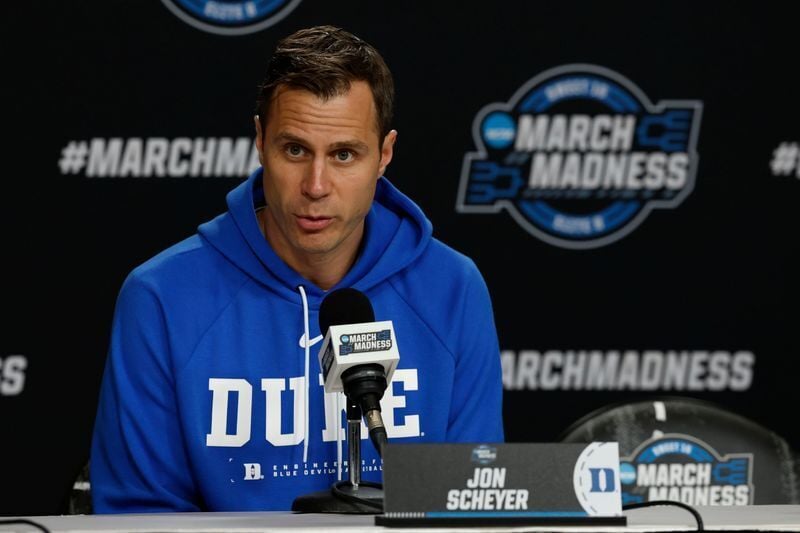 Mar 26, 2026; Washington, DC, USA; Duke Blue Devils head coach Jon Scheyer speaks with the media during a press conference ahead of the east regional of the men's 2026 NCAA Tournament at Capital One Arena. Mandatory Credit: Geoff Burke-Imagn Images