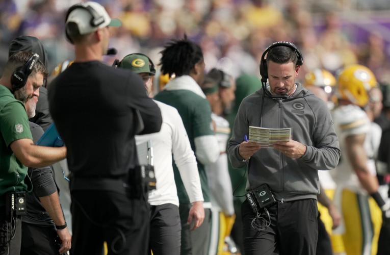 Green Bay Packers head coach Matt LaFleur is shown during the first quarter of their game against the Minnesota Vikings Sunday,