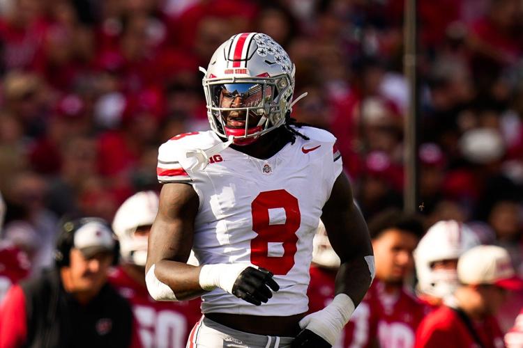 Ohio State Buckeyes linebacker Arvell Reese (8) reacts during the game against the Wisconsin Badgers at Camp Randall Stadium.