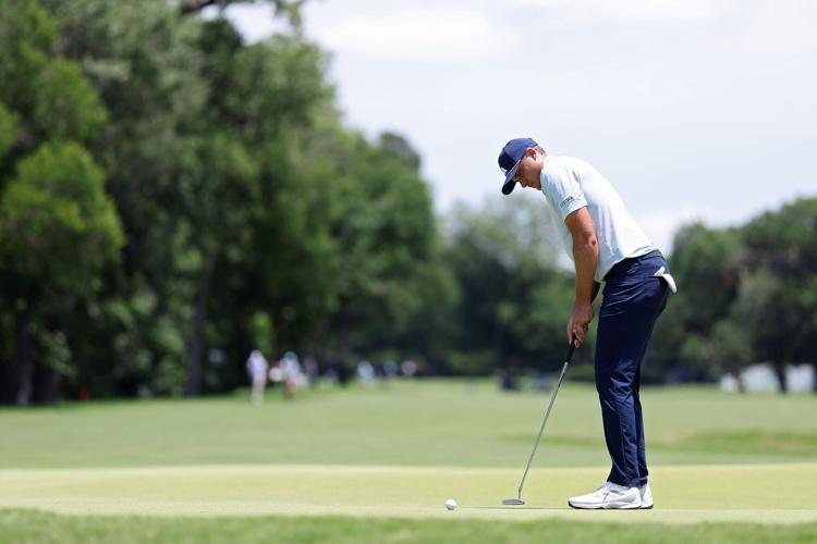 Ludvig Aberg of Sweden putts on the 5th green during the first round of the Charles Schwab Challenge at Colonial Country Club on Thursday, May 28, 2026, in Fort Worth, Texas.