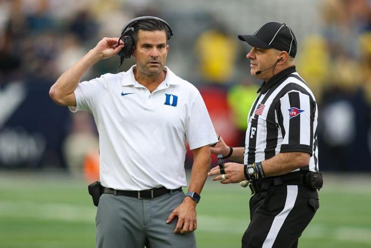 Oct 10, 2026; Atlanta, Georgia, USA; Duke Blue Devils head coach Manny Diaz talks to a referee against the Georgia Tech Yellow Jackets in the second quarter at Bobby Dodd Stadium at Hyundai Field. Mandatory Credit: Brett Davis-Imagn Images