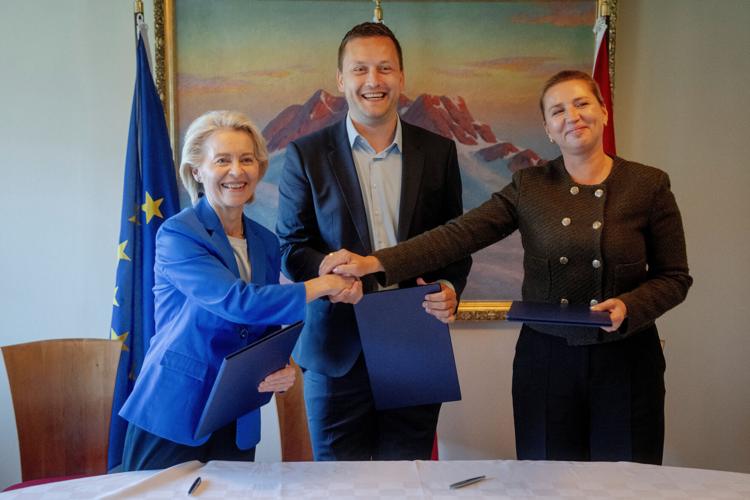 Danish PM Frederiksen, EU President Leyen and Greenland's PM Nielsen sign a joint declaration in Nuuk