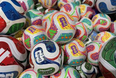 Jun 10, 2026; Tustin, California, USA; Adidas soccer balls with FIFA World Cup 2026 logo at Dick's Sporting Goods. Mandatory Credit: Kirby Lee-Imagn Images