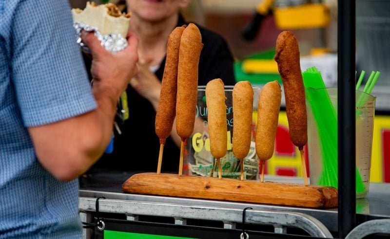 Corn dogs await guests on opening weekend of the NC Mountain State Fair in Fletcher, Sept. 6, 2025.