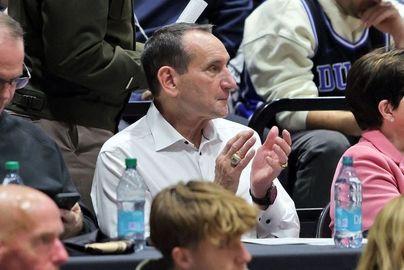 Nov 11, 2025; West Point, New York, USA; Former Duke Blue Devils and Army head coach Mike Krzyzewski watches a game between the Army Black Knights and Duke Blue Devils at Christl Arena. Mandatory Credit: Danny Wild-Imagn Images
