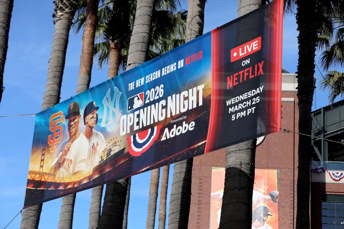 Netflix branding is seen during the MLB Opening Night Game as the San Francisco Giants play host to the New York Yankees, at Momo's on March 25, 2026, in San Francisco.