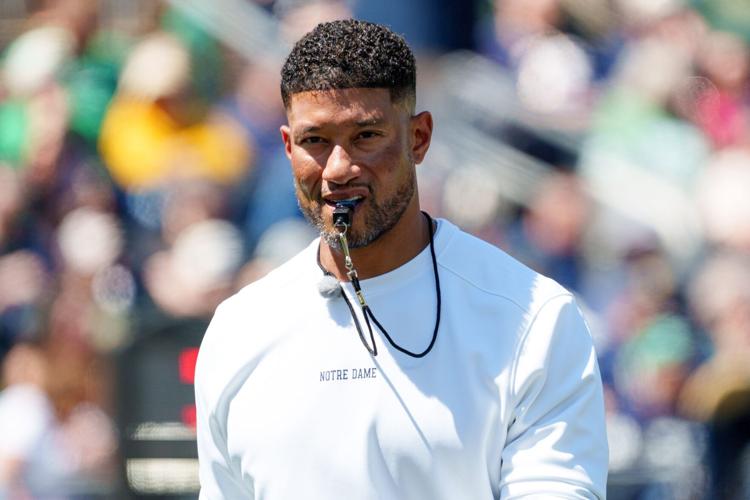 Notre Dame head coach Marcus Freeman during the Blue-Gold spring game at Notre Dame Stadium on Saturday, April 25, 2026, in