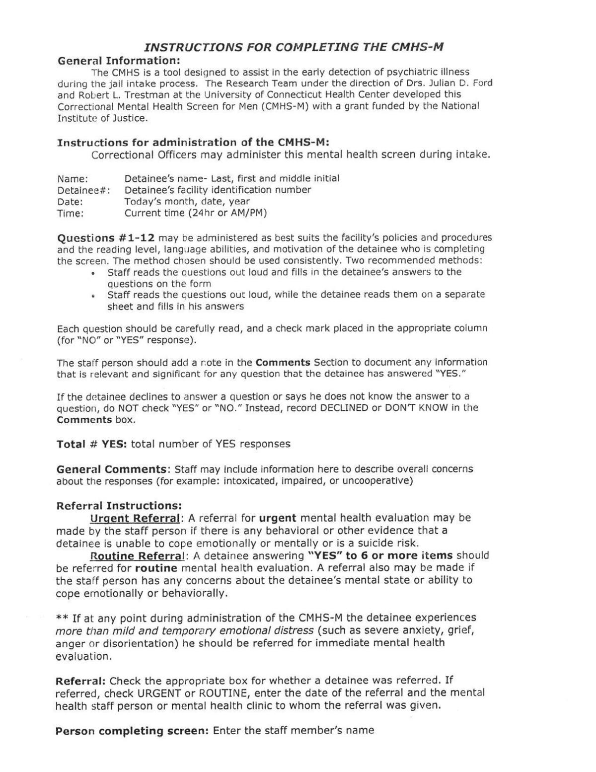 McLean County Jail Mental Health Intake for Men