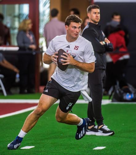 Fernando Mendoza participates in Indiana University's Pro Day at Mellencamp Pavilion on Wednesday, April 1, 2026.