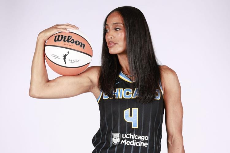 Apr 30, 2026; Chicago, Ill, USA; Chicago Sky guard Skylar Diggins (4) poses during media day at The Field Studios. Mandatory Credit: Kamil Krzaczynski-Imagn Images