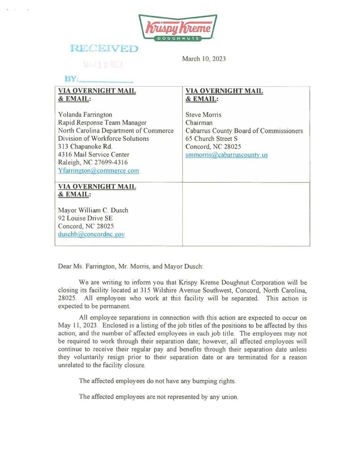 Krispy Kreme closing Concord plant WARN Act