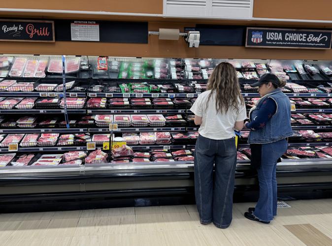 Customers shop for beef at a grocery store on April 06, 2026 in Los Angeles, California.