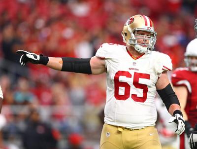 Sep 27, 2015; Glendale, AZ, USA; San Francisco 49ers offensive lineman Jordan Devey reacts against the Arizona Cardinals at University of Phoenix Stadium. Mandatory Credit: Mark J. Rebilas-USA TODAY Sports