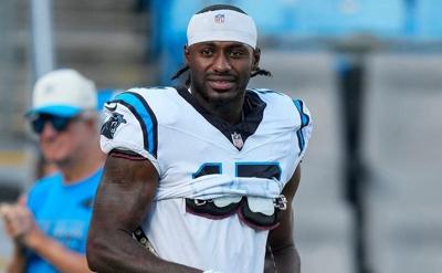 Jul 31, 2026; Charlotte, NC, USA; Carolina Panthers wide receiver Xavier Legette (17) during Fanfest at Bank of America Stadium. Mandatory Credit: Jim Dedmon-Imagn Images