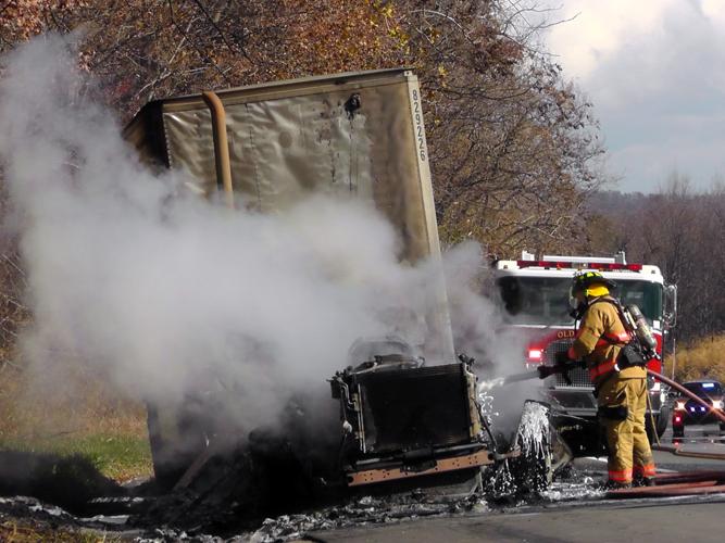 Tractor trailer destroyed by fire on I-40