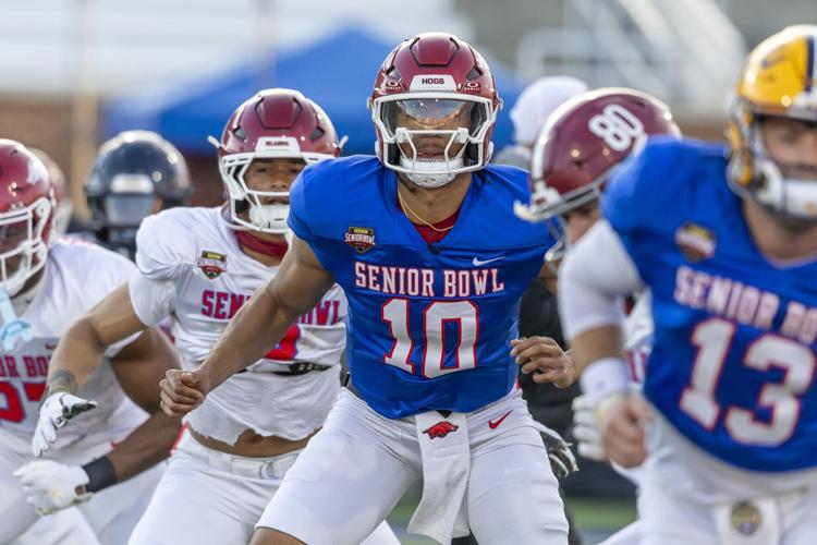 Jan 29, 2026; Mobile, AL, USA; American quarterback Taylen Green (10) of Arkansas warms up during American Senior Bowl practice at Hancock Whitney Stadium. Mandatory Credit: Vasha Hunt-Imagn Images