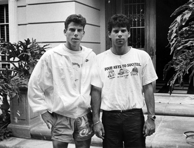 Erik Menendez, left, and is brother Lyle, in front of their Beverly Hills home, in 1989.
