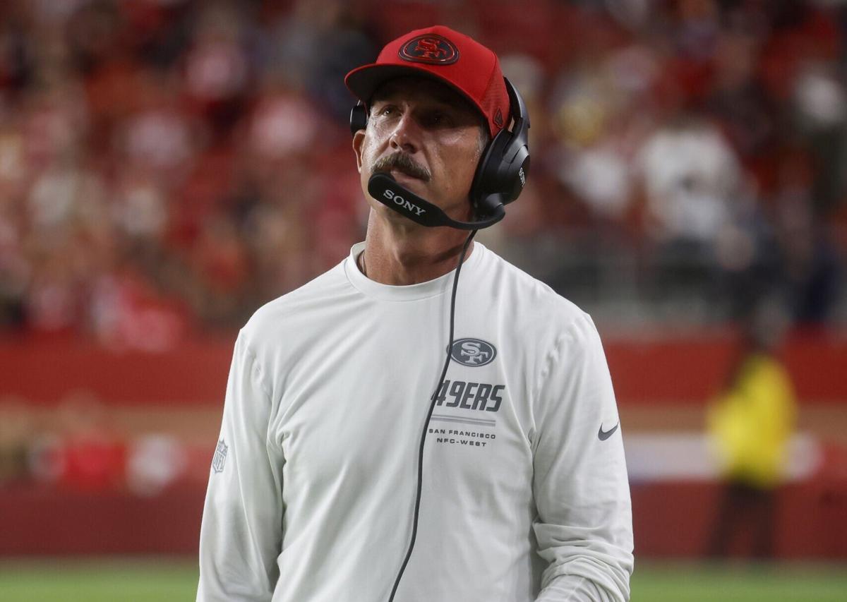 San Francisco 49 ers head coach Kyle Shanahan on the sidelines in the fourth quarter against the Tennessee Titans in a preseason game at Levi's Stadium in Santa Clara, California, on Aug. 13, 2026.
