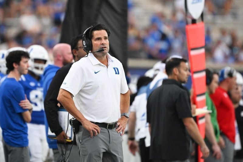 Sep 5, 2026; Durham, North Carolina, USA;  Duke Blue Devils head coach Manny Diaz looks on during the second half against the Tulane Green Wave at Wallace Wade Stadium.  Mandatory Credit: Zachary Taft-Imagn Images