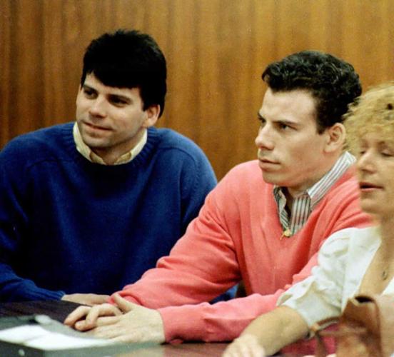 A 1992 file photo shows double murder defendants Erik, right, and Lyle Menendez, left, during a court appearance in Los Angeles.