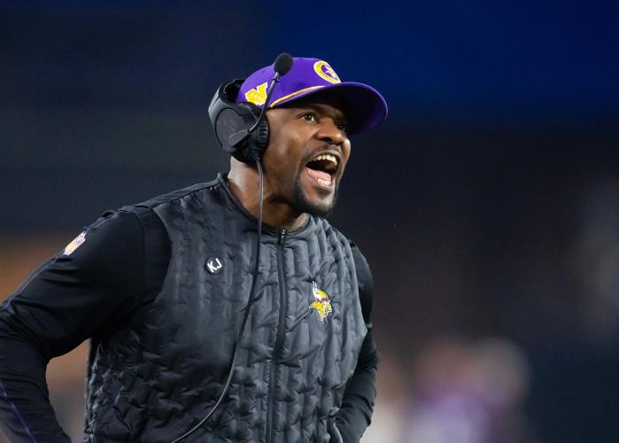 Jan 13, 2025; Glendale, AZ, USA; Minnesota Vikings defensive coordinator Brian Flores against the Los Angeles Rams during an NFC wild card game at State Farm Stadium. Mandatory Credit: Mark J. Rebilas-Imagn Images
