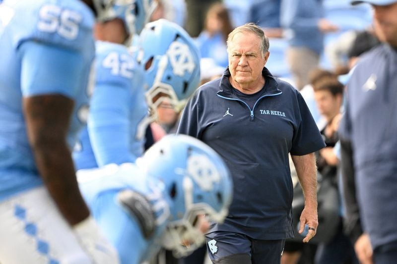 Oct 25, 2025; Chapel Hill, North Carolina, USA; North Carolina Tar Heels head coach Bill Belichick with the team before the game at Kenan Stadium. Mandatory Credit: Bob Donnan-Imagn Images