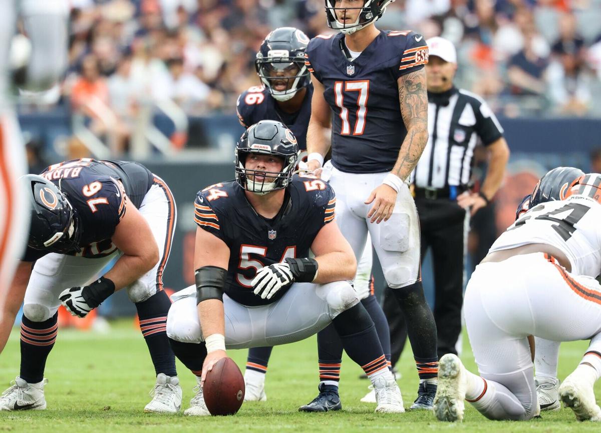 Chicago Bears center Logan Jones sets the ball before a play in the second quarter of a preseason game against the Cleveland Browns on Saturday, Aug. 15, 2026, at Soldier Field in Chicago.