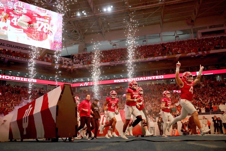 The Indiana Hoosiers take the field prior to a game against the Miami Hurricanes in the 2026 College Football Playoff National Championship at Hard Rock Stadium on Jan. 19, 2026, in Miami Gardens, Florida.
