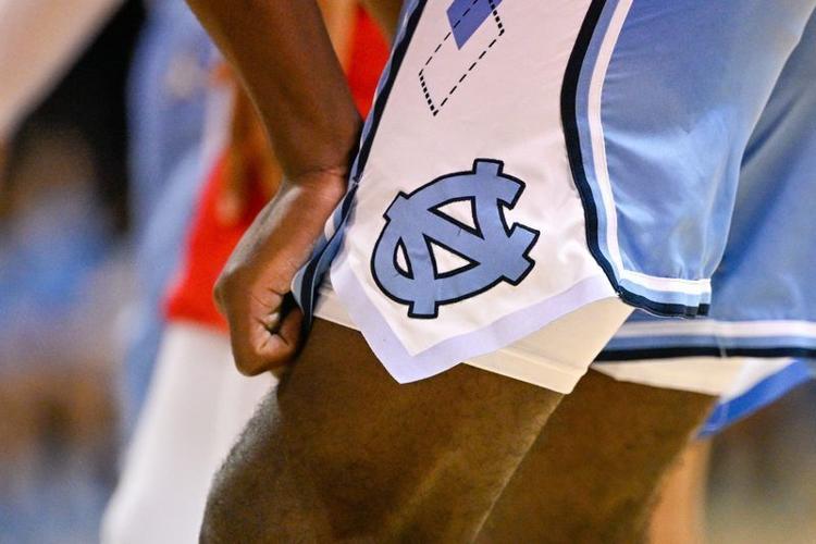 Jan 3, 2026; Dallas, Texas, USA; A view of the North Carolina Tar Heels logo on the shorts of forward Caleb Wilson (8) during the second half against the SMU Mustangs at Moody Coliseum. Mandatory Credit: Jerome Miron-Imagn Images