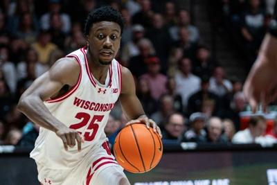 Mar 7, 2026; West Lafayette, Indiana, USA; Wisconsin Badgers guard John Blackwell (25) drives to the basket during the first half against the Purdue Boilermakers at Mackey Arena. Mandatory Credit: Jacob Musselman-Imagn Images