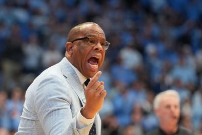 Feb 7, 2026; Chapel Hill, North Carolina, USA; North Carolina Tar Heels head coach Hubert Davis reacts in the first half at Dean E. Smith Center. Mandatory Credit: Bob Donnan-Imagn Images