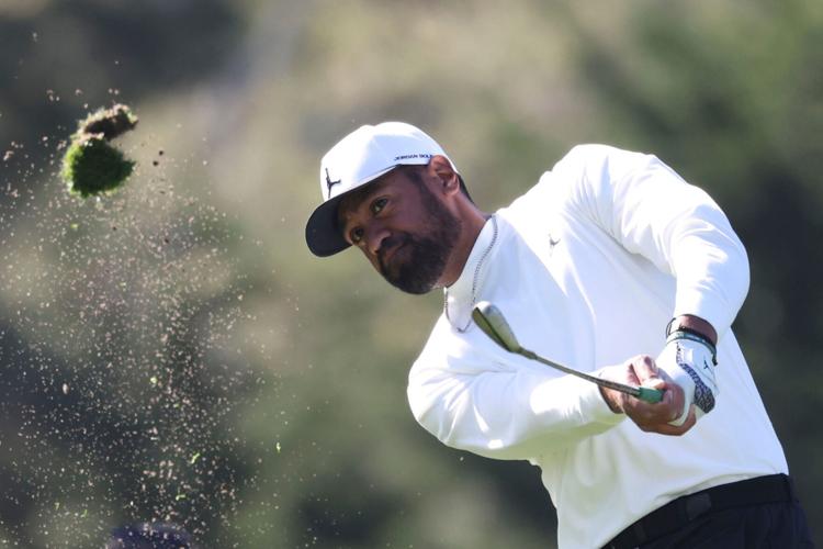 Tony Finau hits his tee shot on the 15th hole during the first round of the 2026 AT&T Pebble Beach Pro-Am at Spyglass Hill Golf Course.