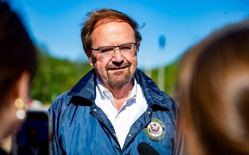 U.S. Rep. Chuck Edwards speaks with members of the media ahead of the arrival of U.S. Homeland Security Secretary Markwayne Mullin in Chimney Rock on April 7, 2026.