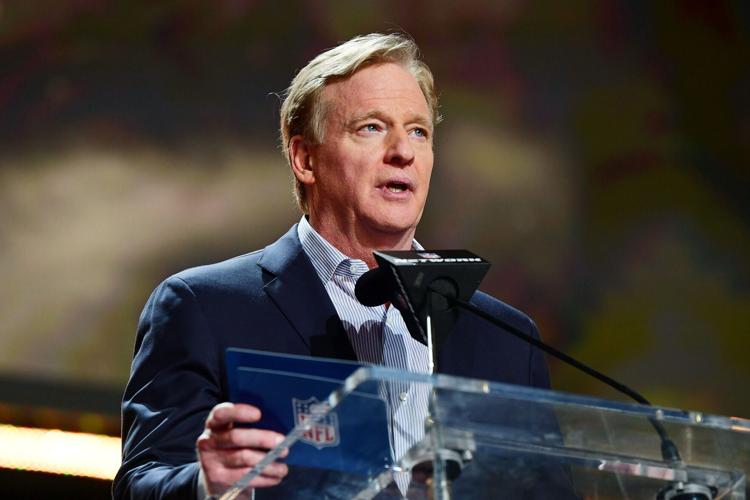 Apr 28, 2022; Las Vegas, NV, USA; NFL commissioner Roger Goodell announces Northern Iowa offensive tackle Trevor Penning as the nineteenth overall pick to the New Orleans Saints during the first round of the 2022 NFL Draft at the NFL Draft Theater. Mandato