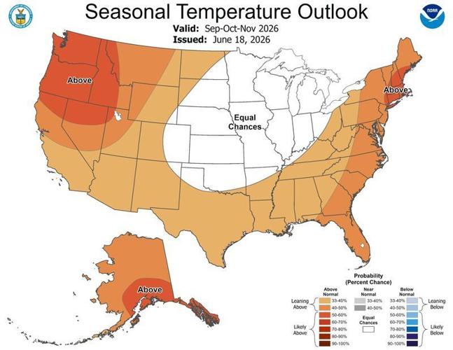 The NOAA's 2026 seasonal temperature outlook for the U.S. between September-November, issued June 18, 2026.