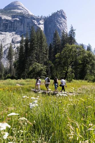 Hikers walk on in the Valley.
