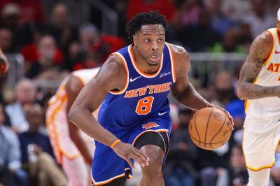 New York Knicks forward OG Anunoby (8) dribbles against the Atlanta Hawks in the second quarter during game six of the first round of the 2026 NBA Playoffs at State Farm Arena on April 30, 2026.