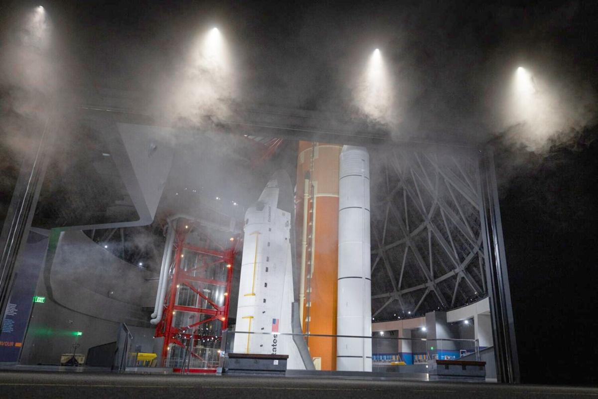 The shuttle film theater is the first stop for visitors. After the short film, the screen and wall are dramatically retracted, revealing the shuttle at the Samuel Oschin Air and Space Center on Thursday, Oct. 22, 2026, in Los Angeles, CA.. The Samuel Os...