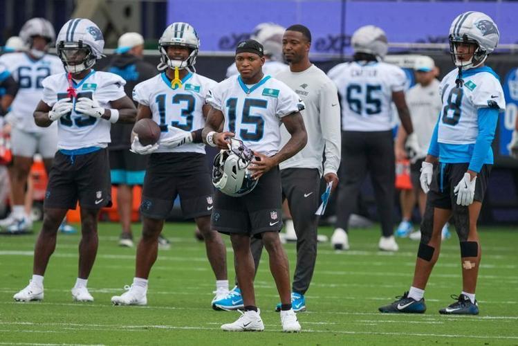 Aug 4, 2026; Charlotte, NC, USA; Carolina Panthers wide receiver Jimmy Horn Jr. (15) and receivers during training camp at Bank of America Stadium. Mandatory Credit: Jim Dedmon-Imagn Images