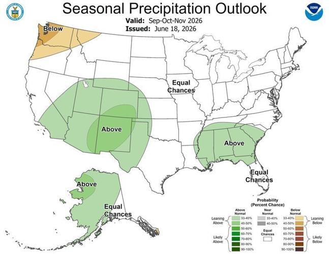The NOAA's 2026 seasonal precipitation outlook for the U.S. between September-November, issued June 18, 2026.