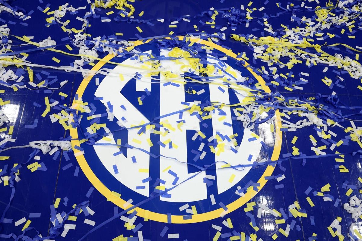 Confetti is seen over the SEC logo after the Florida Gators defeated the Tennessee Volunteers in the SEC Men's Basketball Tournament Championship game at Bridgestone Arena on March 16, 2025, in Nashville, Tennessee.