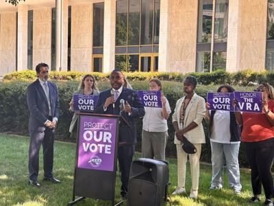N.C. House Minority Leader Robert Reives speaks on the anniversary of the Voting Rights Act on Aug. 6, 2026.