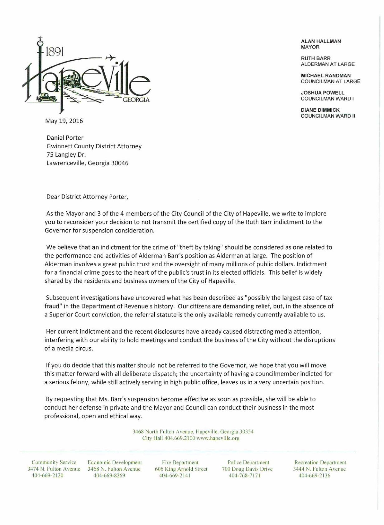 Hapeville letter to Gwinnett County DA  NeighborNewsOnline.com