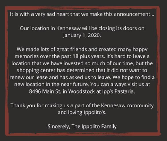 Popular Italian Restaurant Closing In Kennesaw News Mdjonline Com