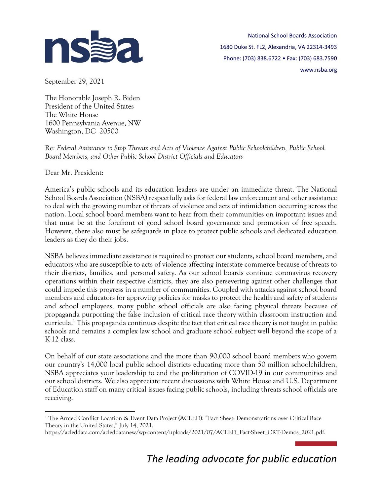 NSBA letter to federal gov't